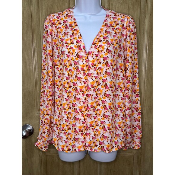 J Crew Women’s Floral All Over Print Multicolor Button Up V Neck Shirt Large - Picture 1 of 7
